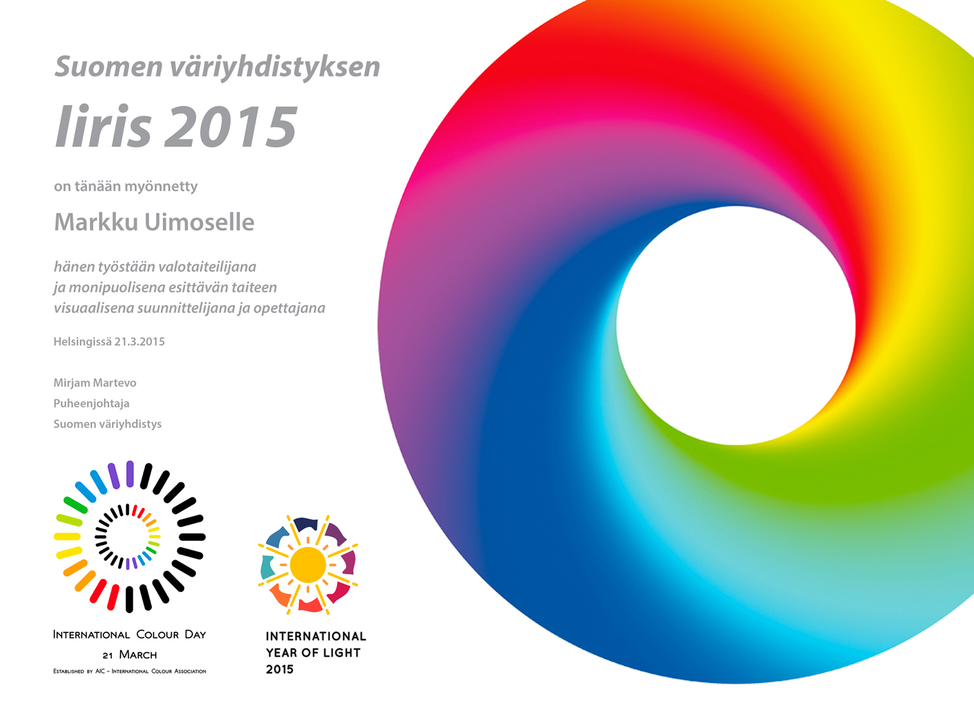 The Finnish Colour Association’s Iris Award 2015 to Markku Uimonen